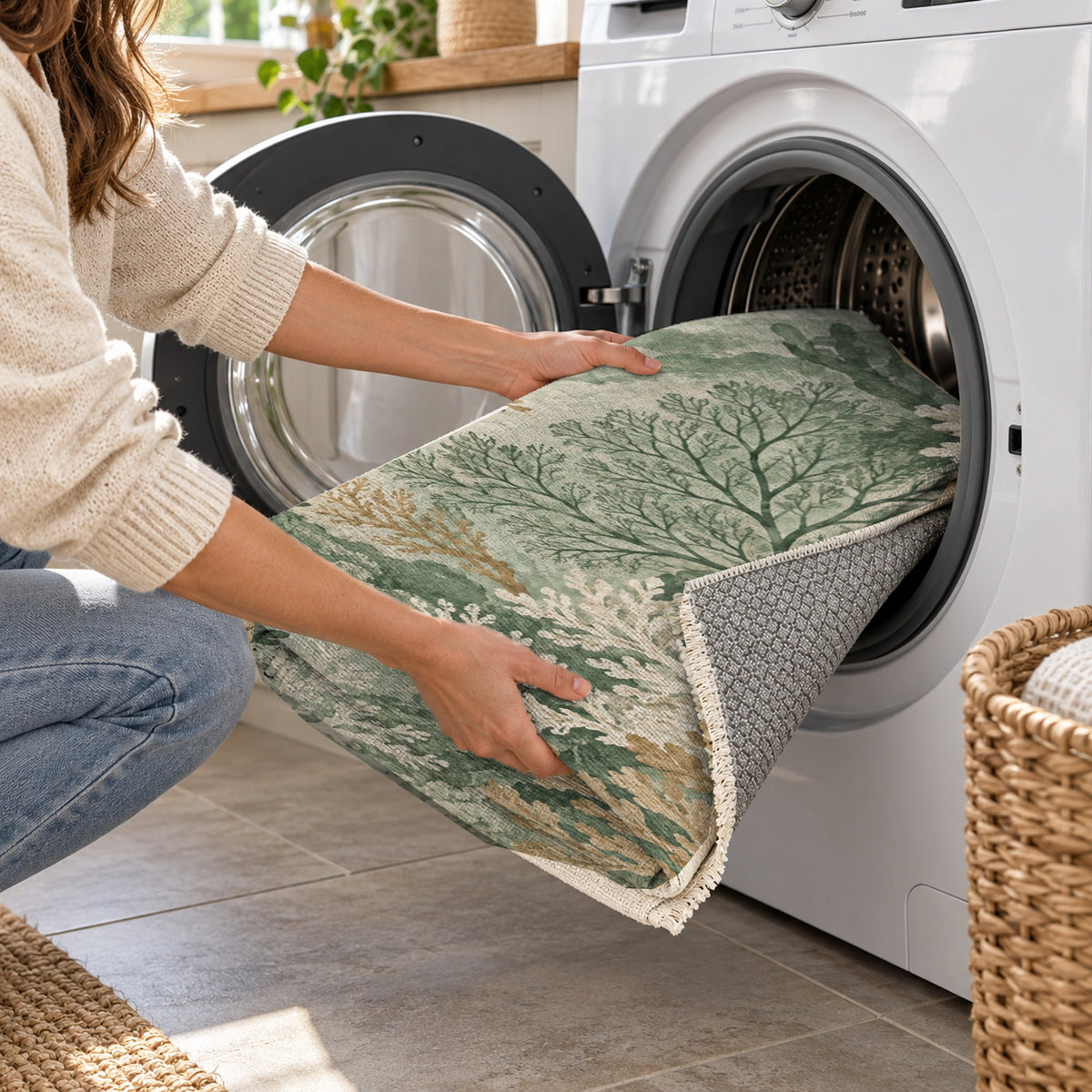 Coral Garden Sage Abstract Washable Rug — washing machine
