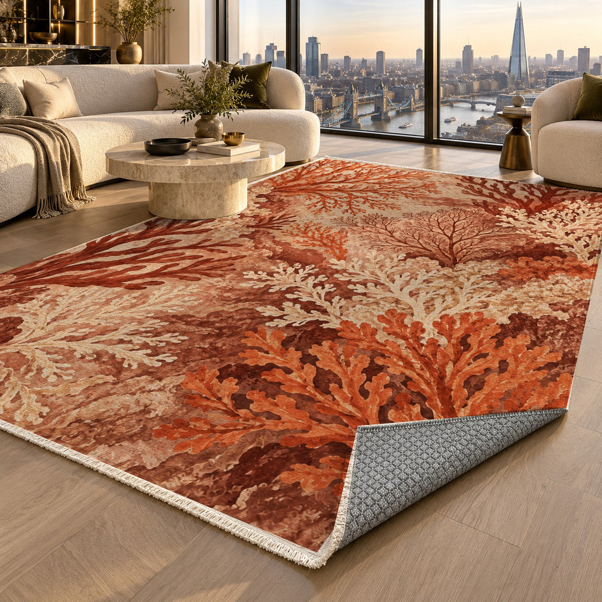 Coral Garden Terracotta Abstract Washable Rug — london luxury living