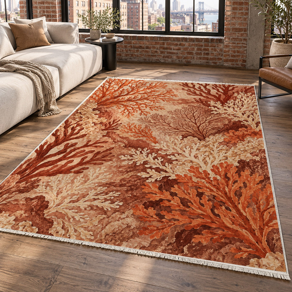 Coral Garden Terracotta Abstract Washable Rug — new york living