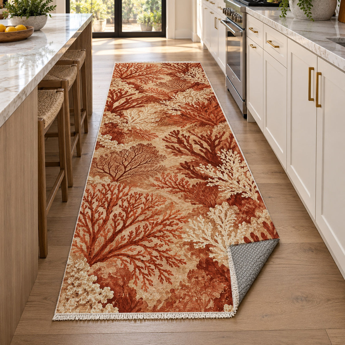 Coral Garden Terracotta Abstract Washable Rug — new york kitchen runner