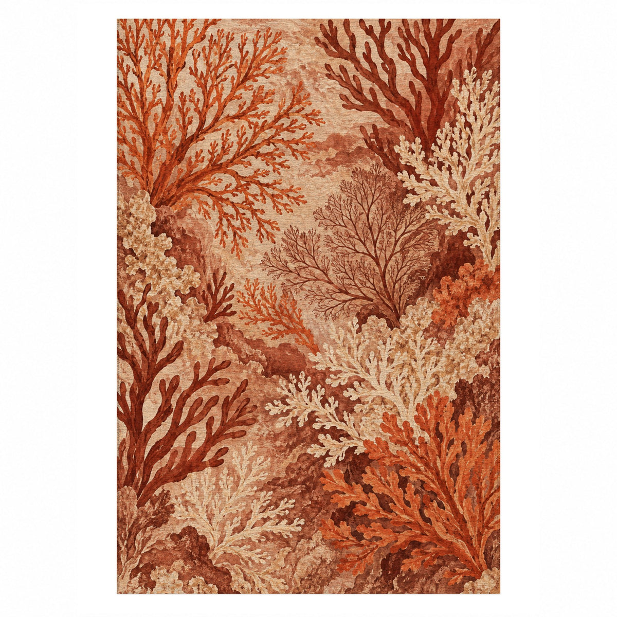 Coral Garden Terracotta Abstract Washable Rug — top view