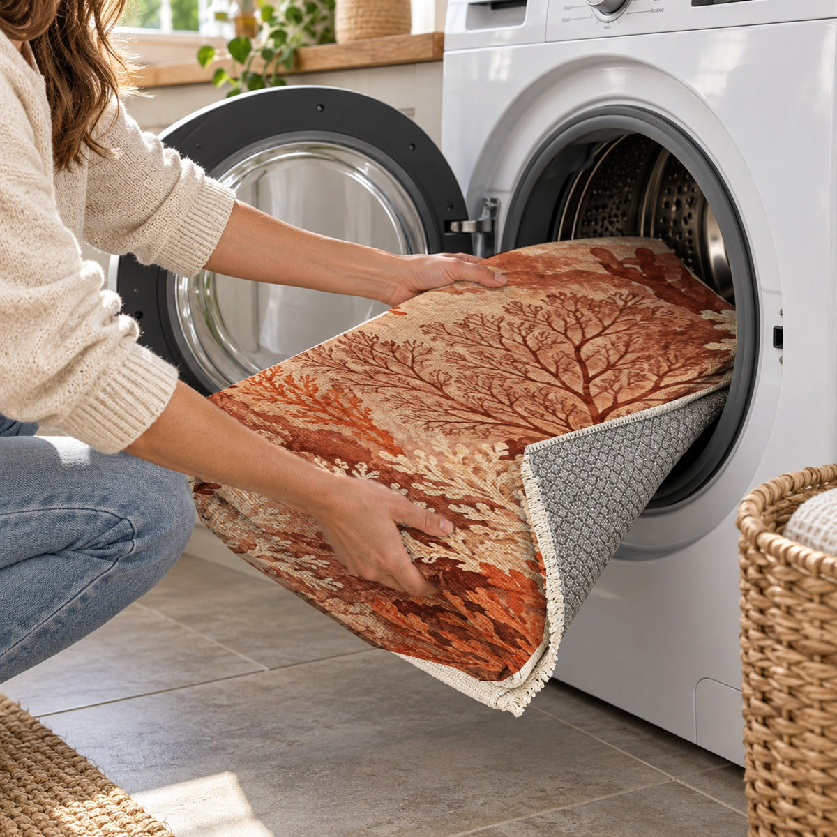 Coral Garden Terracotta Abstract Washable Rug — washing machine