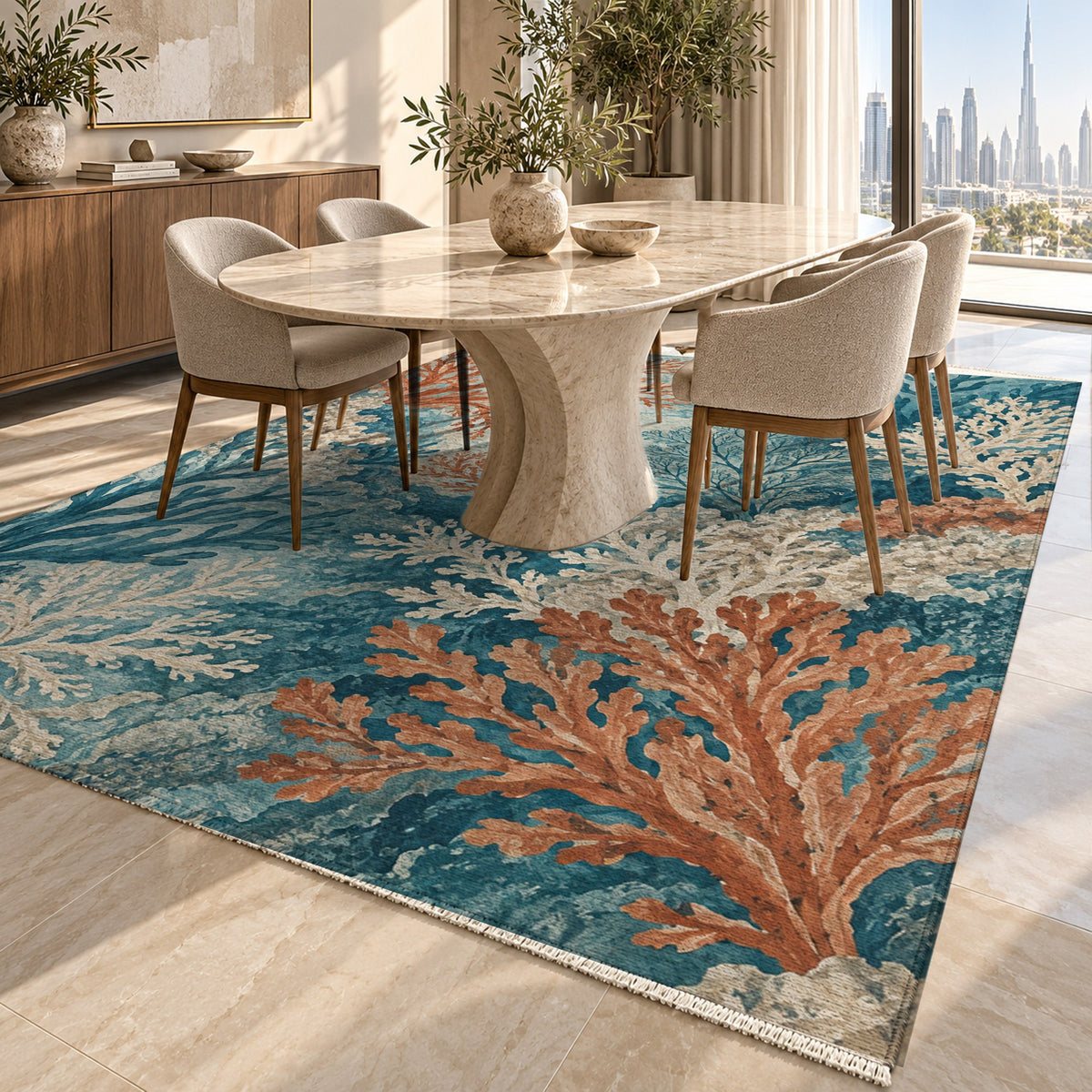 Coral Garden Abstract Washable Rug — dubai dining