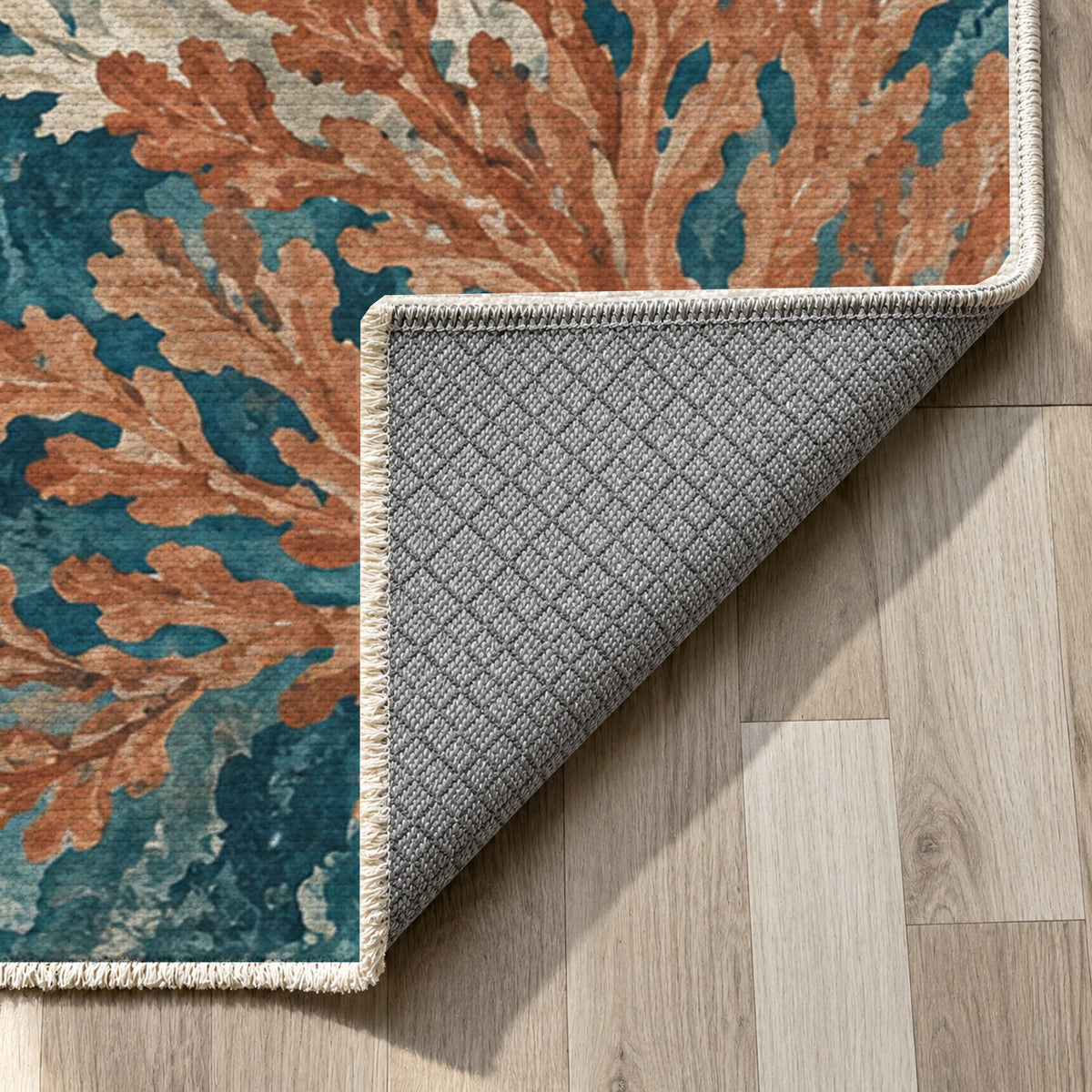 Coral Garden Abstract Washable Rug — backing close up