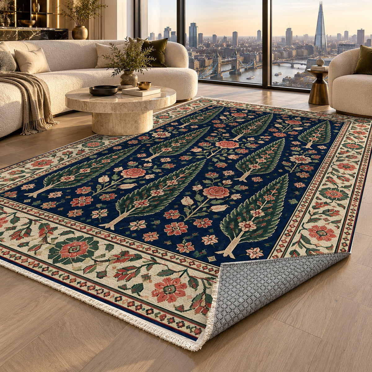 Cypress Bloom Indigo Rose Ethnic Washable Rug — london luxury living
