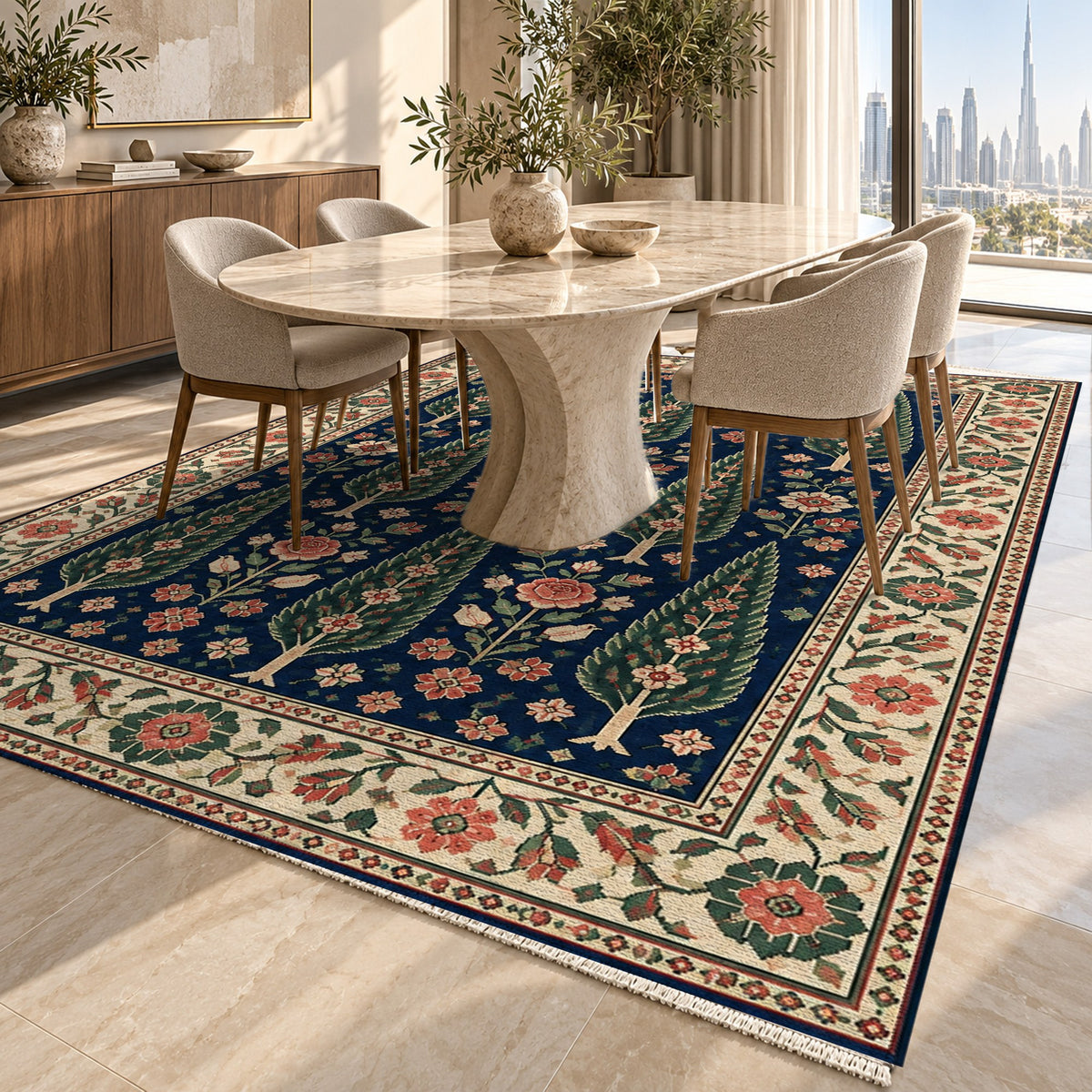 Cypress Bloom Indigo Rose Ethnic Washable Rug — dubai dining