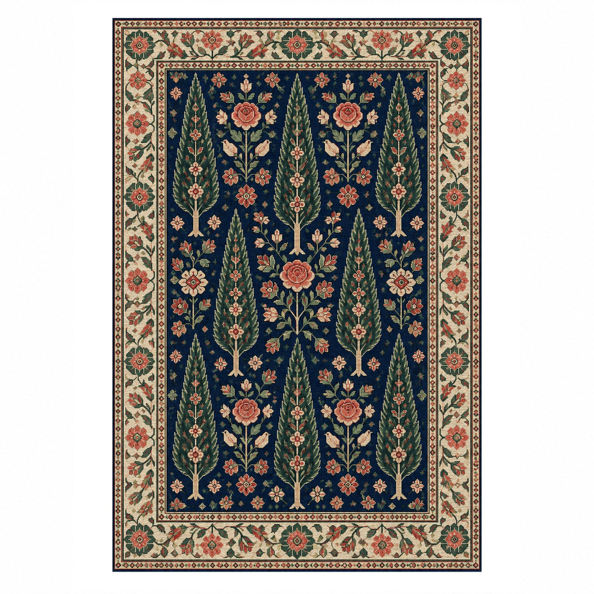 Cypress Bloom Indigo Rose Ethnic Washable Rug — top view