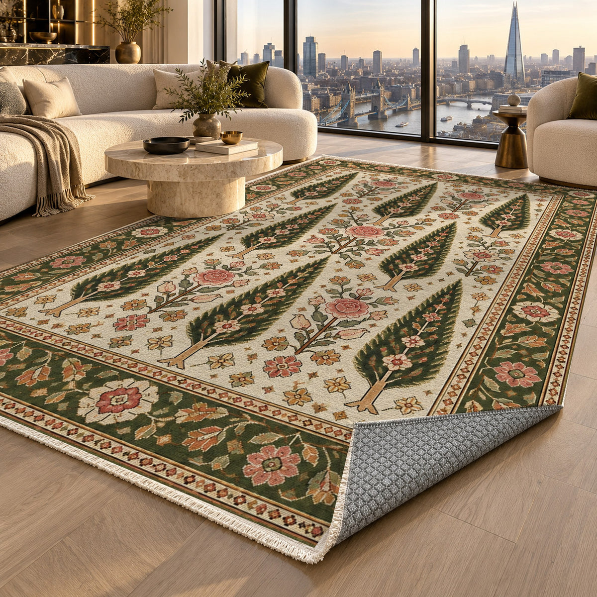 Cypress Bloom Ivory Olive Ethnic Washable Rug — london luxury living