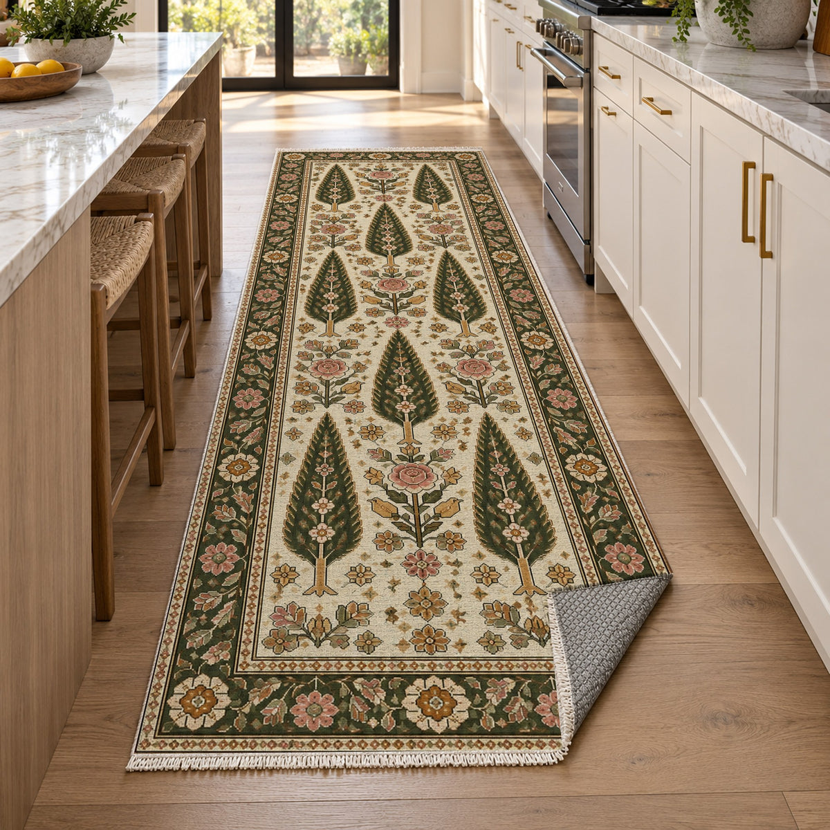 Cypress Bloom Ivory Olive Ethnic Washable Rug — new york kitchen runner