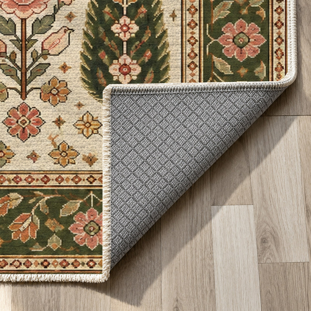 Cypress Bloom Ivory Olive Ethnic Washable Rug — backing close up