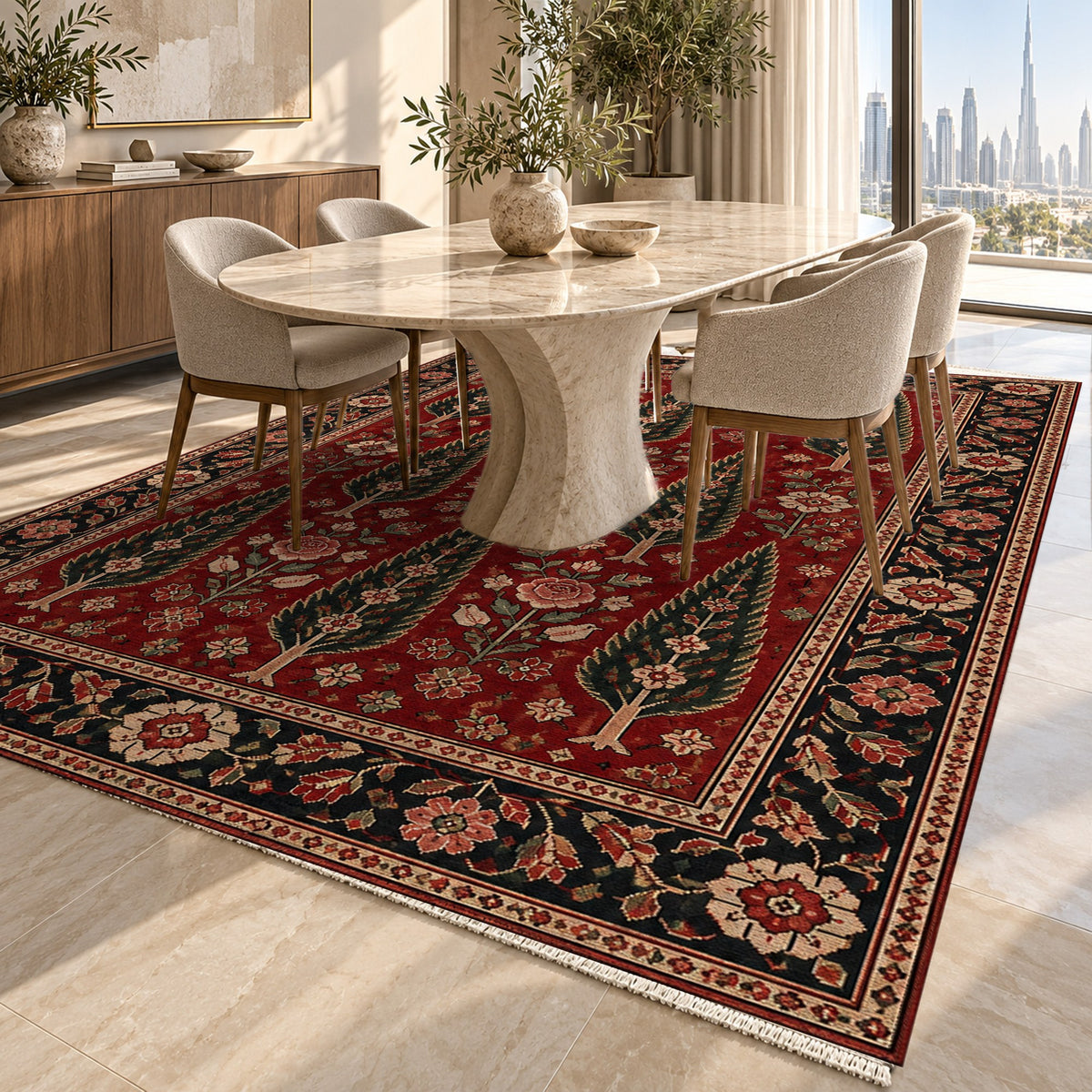 Cypress Bloom Ruby Midnight Ethnic Washable Rug — dubai dining