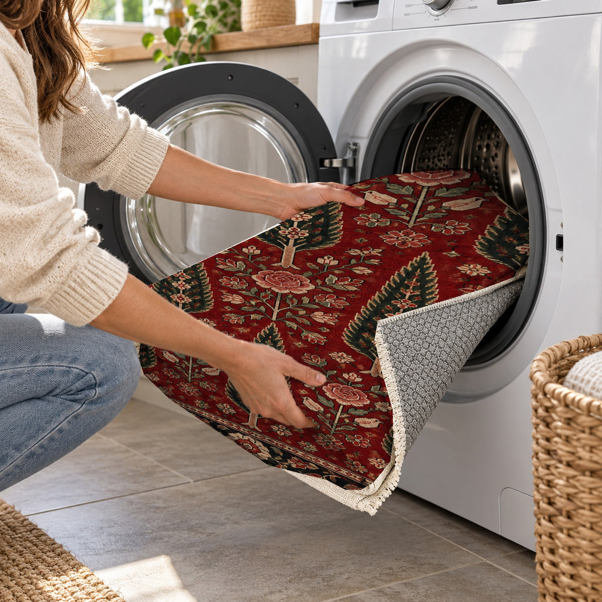 Cypress Bloom Ruby Midnight Ethnic Washable Rug — washing machine
