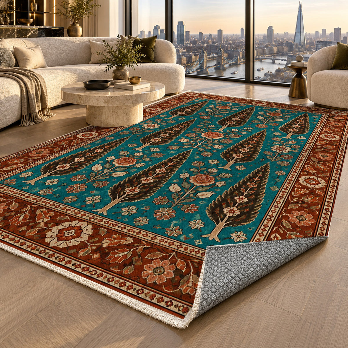 Cypress Bloom Turquoise Copper Ethnic Washable Rug — london luxury living