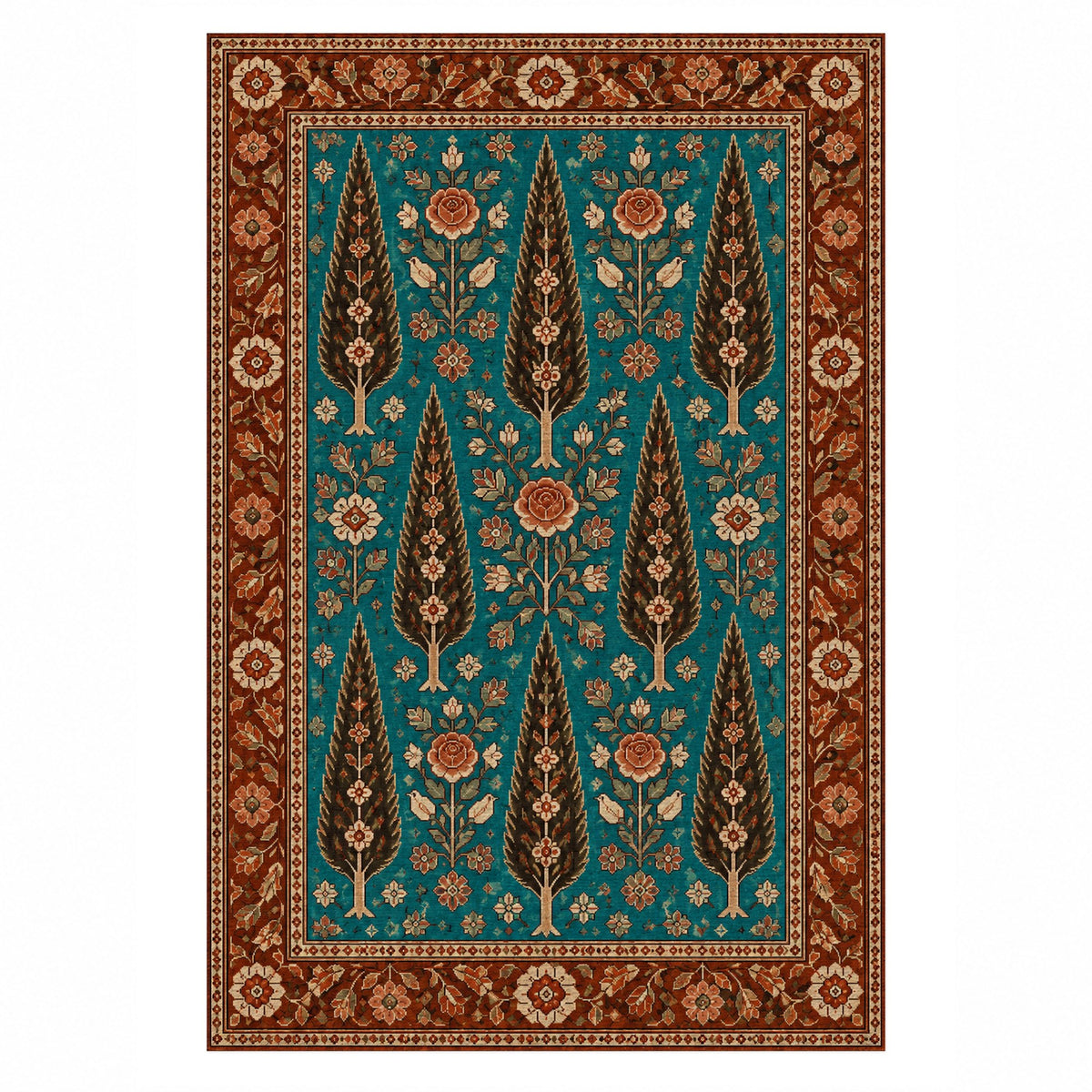 Cypress Bloom Turquoise Copper Ethnic Washable Rug — top view