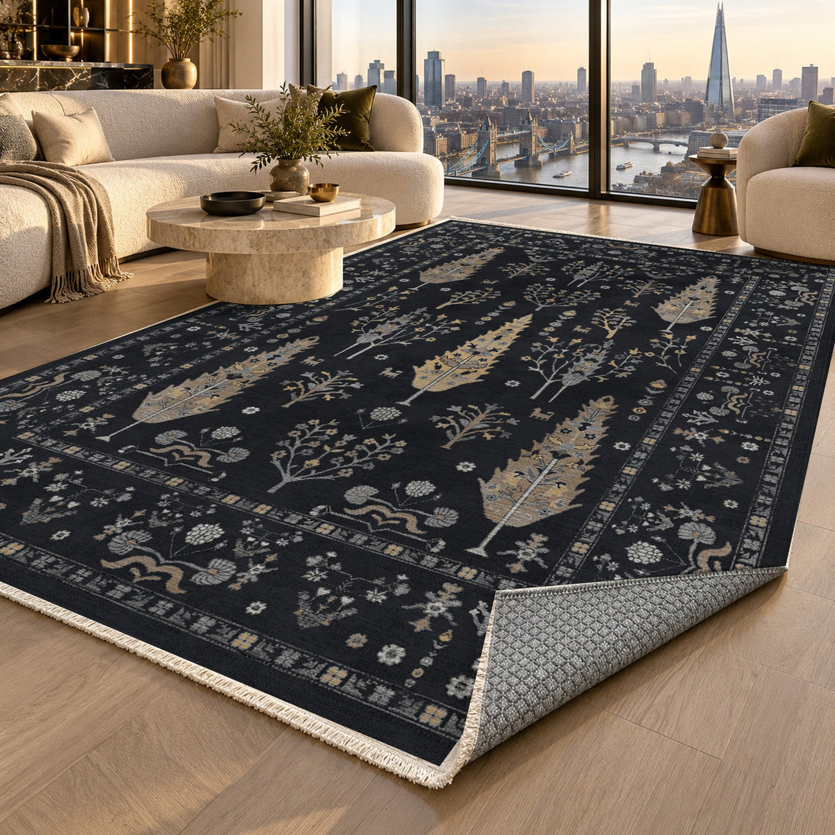 Cypress Garden Black Classic Washable Rug — london luxury living