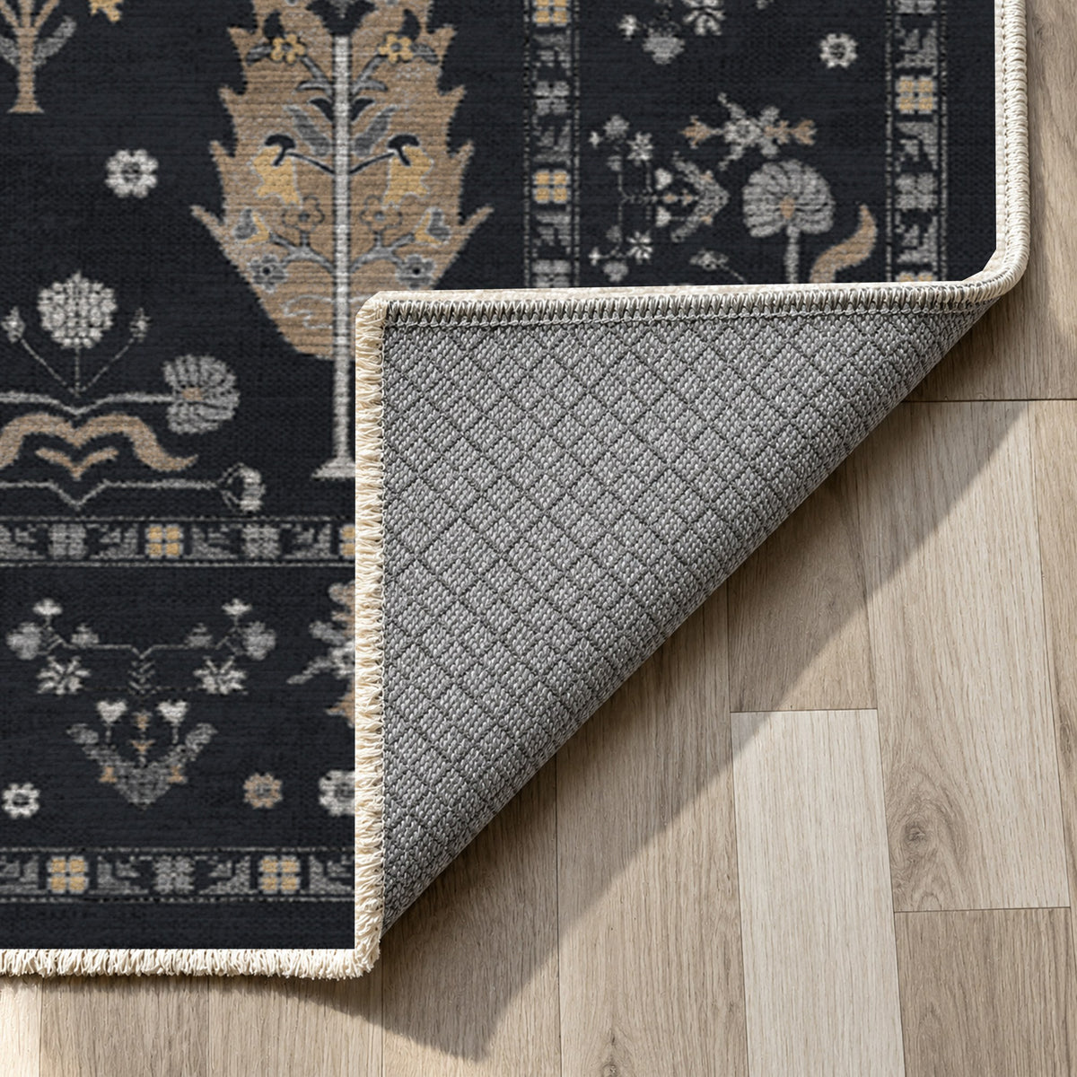 Cypress Garden Black Classic Washable Rug — backing close up