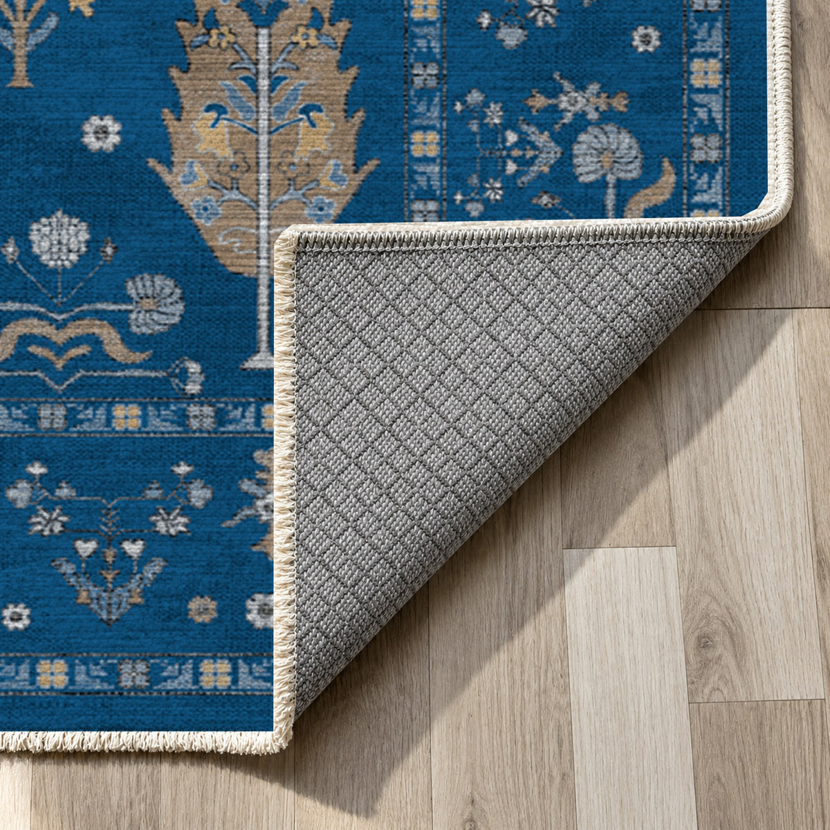 Cypress Garden Blue Classic Washable Rug — backing close up