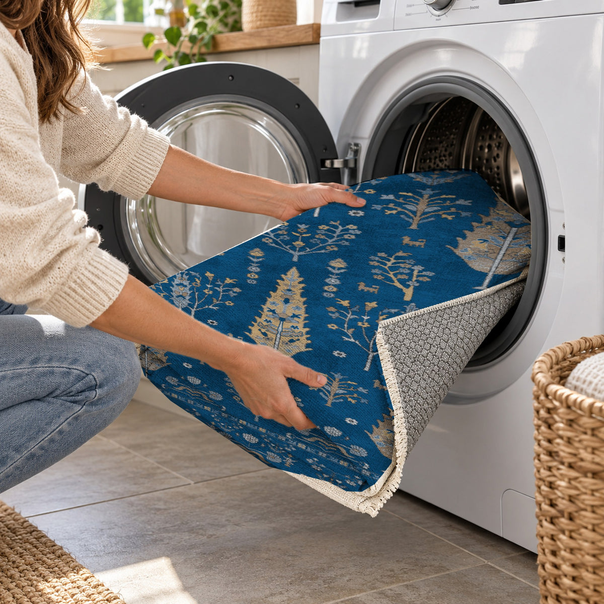 Cypress Garden Blue Classic Washable Rug — washing machine