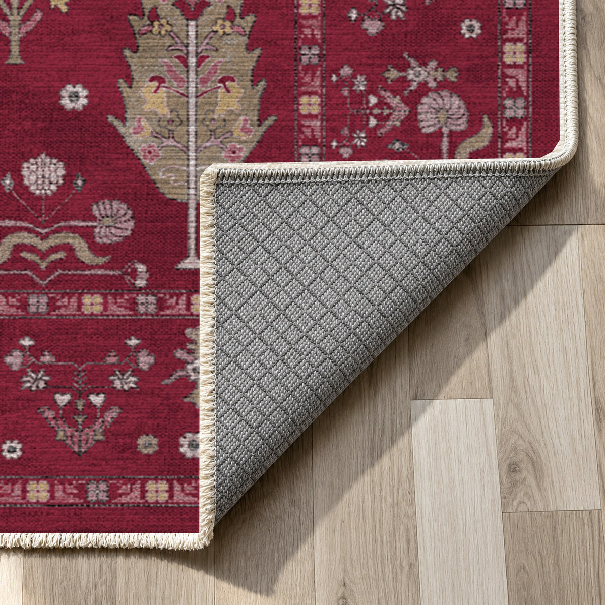 Cypress Garden Burgundy Red Classic Washable Rug — backing close up