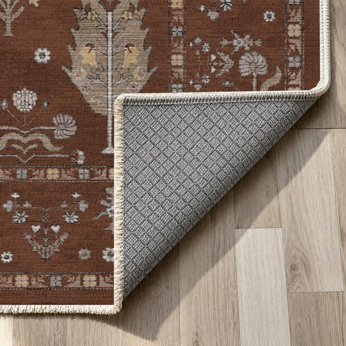 Cypress Garden Chocolate Classic Washable Rug — backing close up