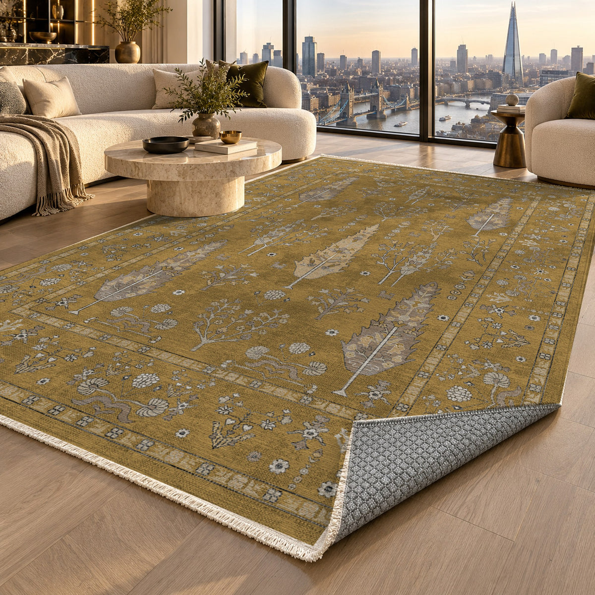 Cypress Garden Muted Gold Classic Washable Rug — london luxury living