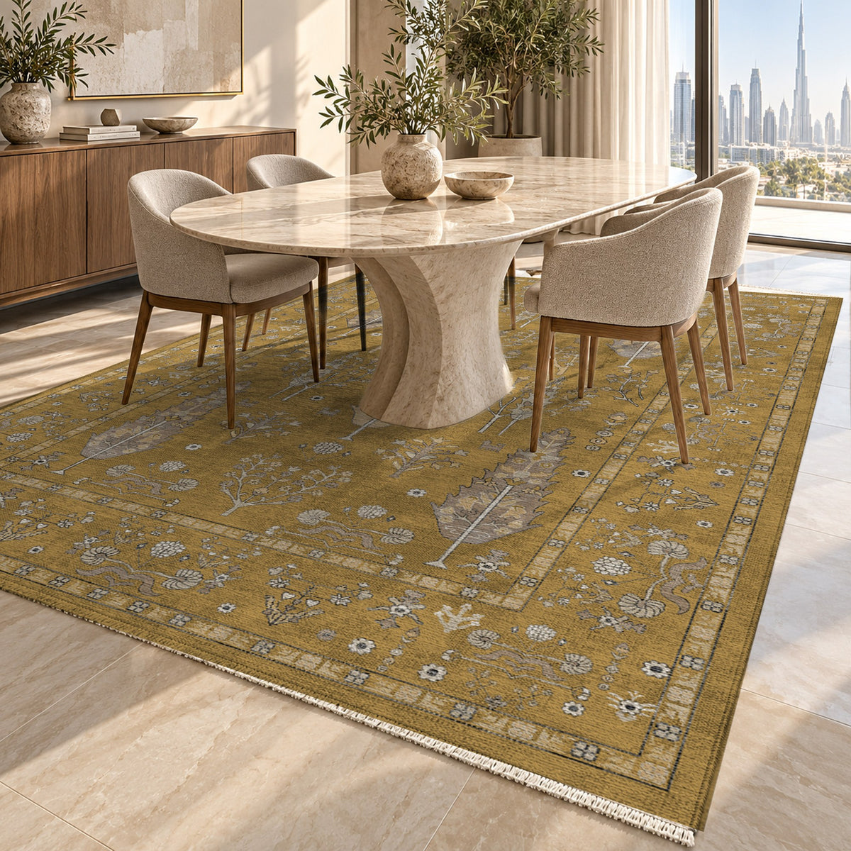 Cypress Garden Muted Gold Classic Washable Rug — dubai dining