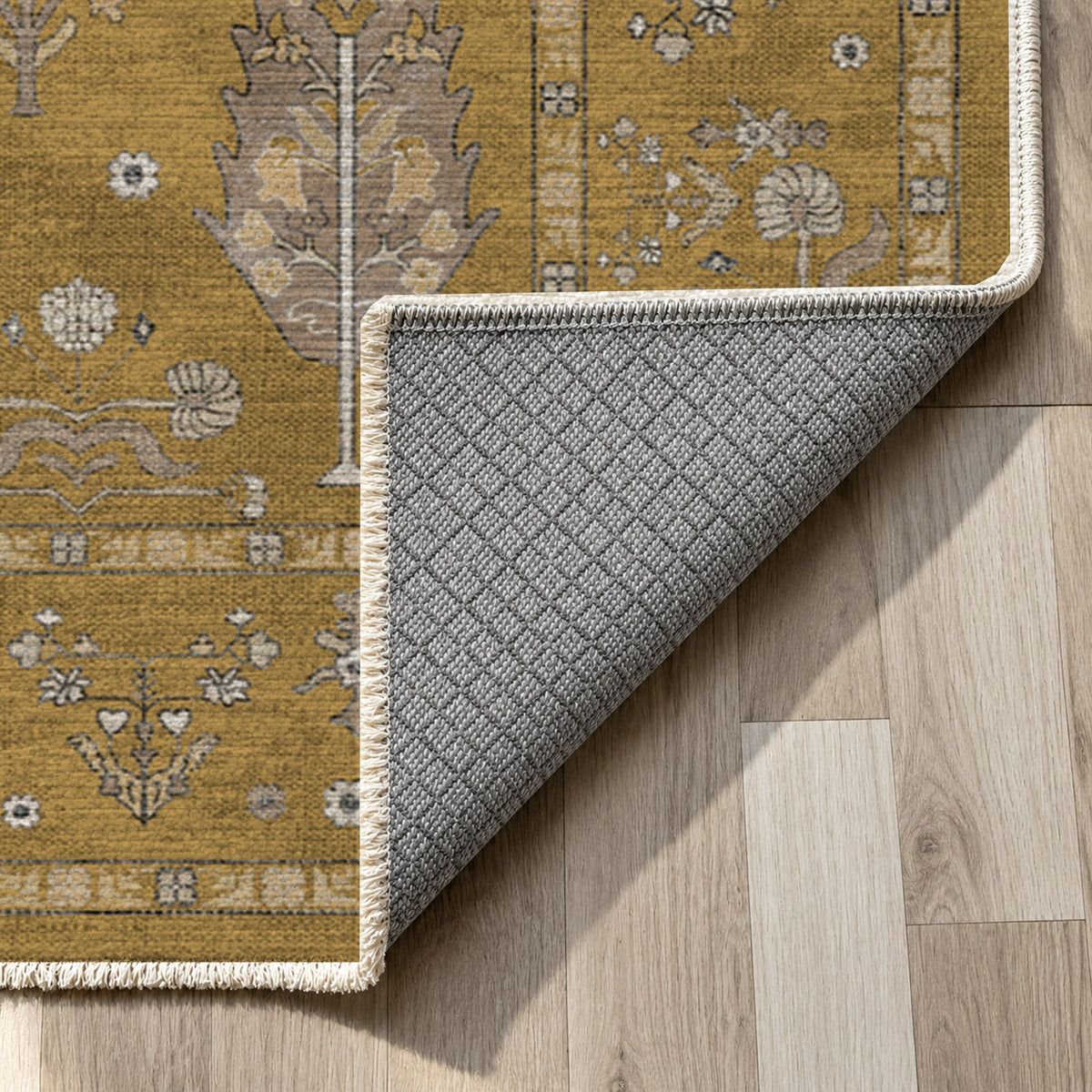 Cypress Garden Muted Gold Classic Washable Rug — backing close up