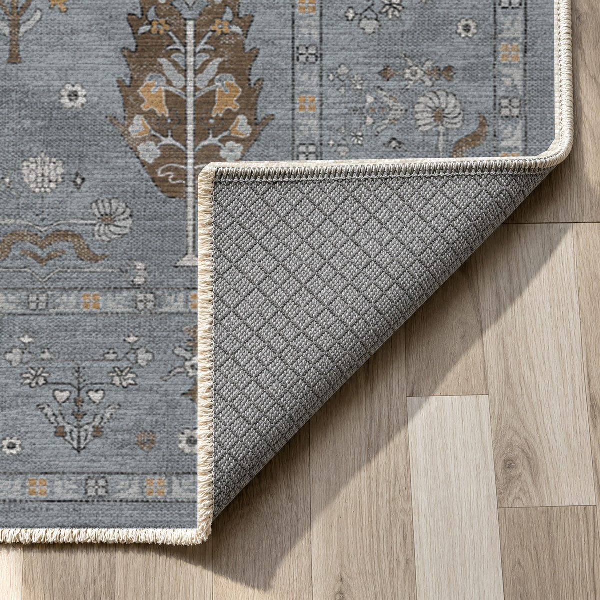 Cypress Garden Silver Grey Classic Washable Rug — backing close up