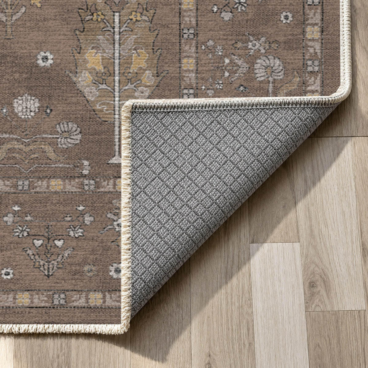 Cypress Garden Taupe Classic Washable Rug — backing close up