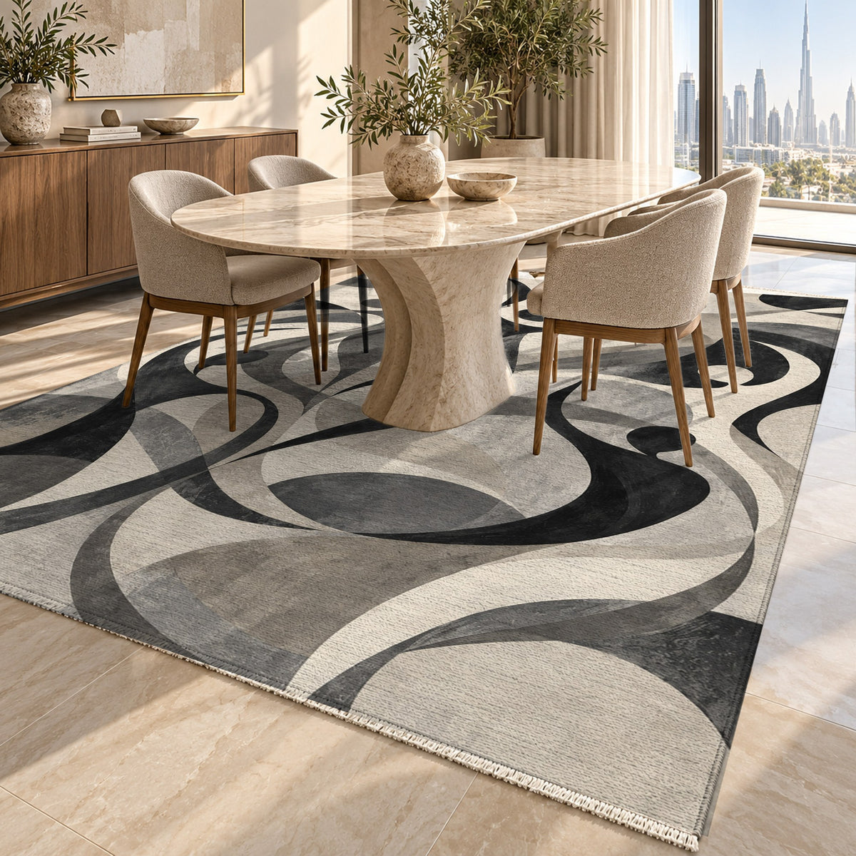 Dancing Lines Charcoal Abstract Washable Rug — dubai dining