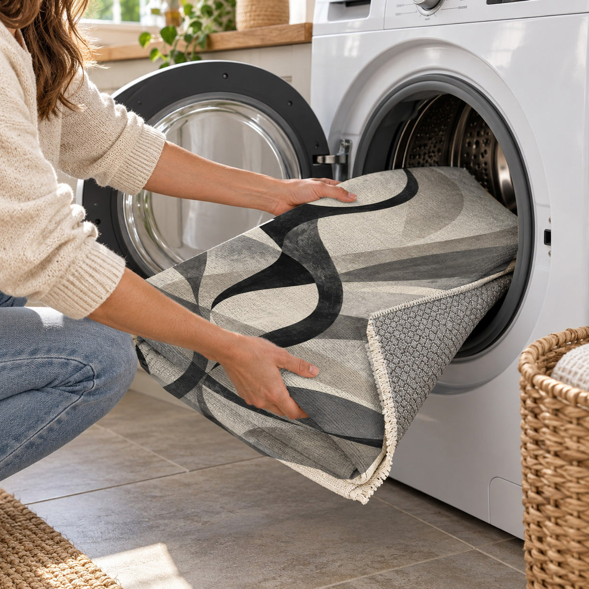 Dancing Lines Charcoal Abstract Washable Rug — washing machine