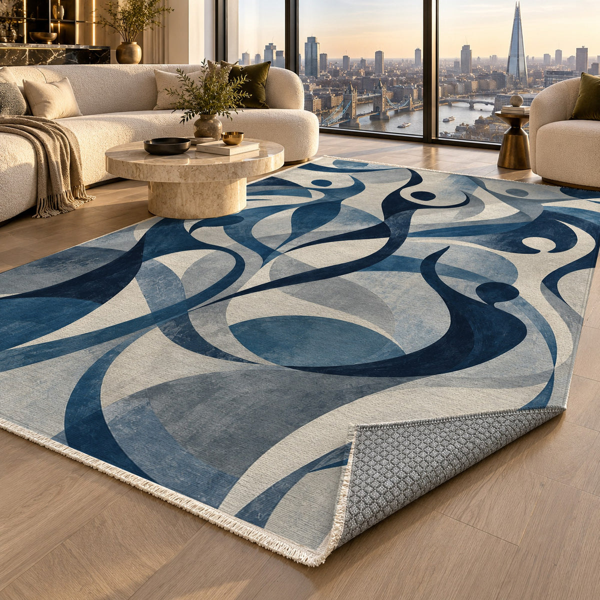Dancing Lines Indigo Abstract Washable Rug — london luxury living