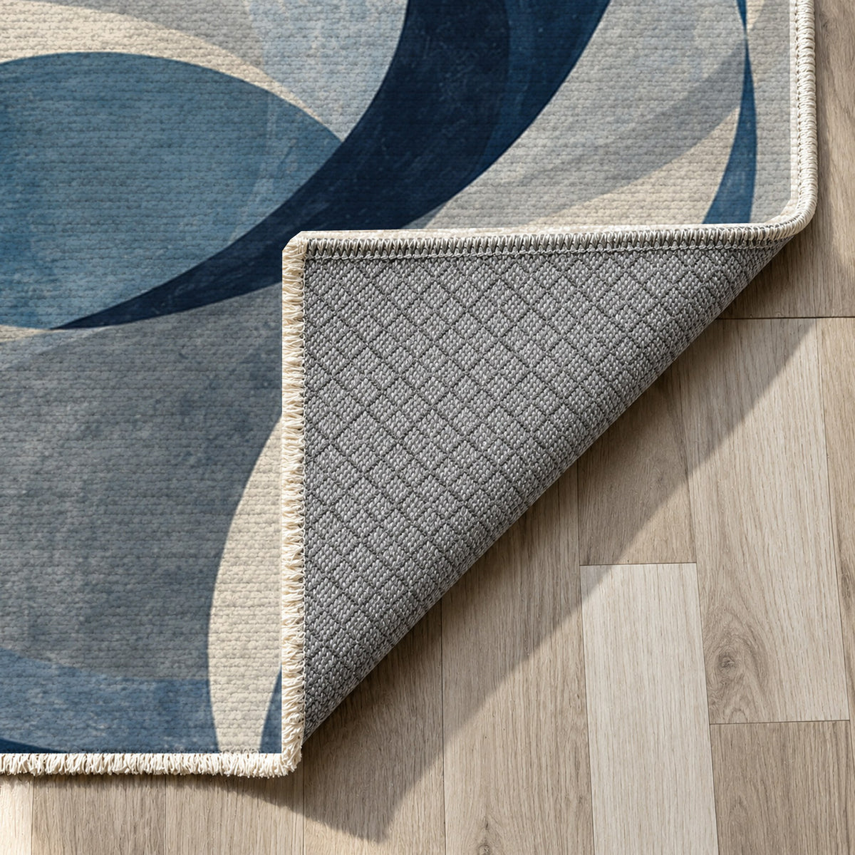 Dancing Lines Indigo Abstract Washable Rug — backing close up