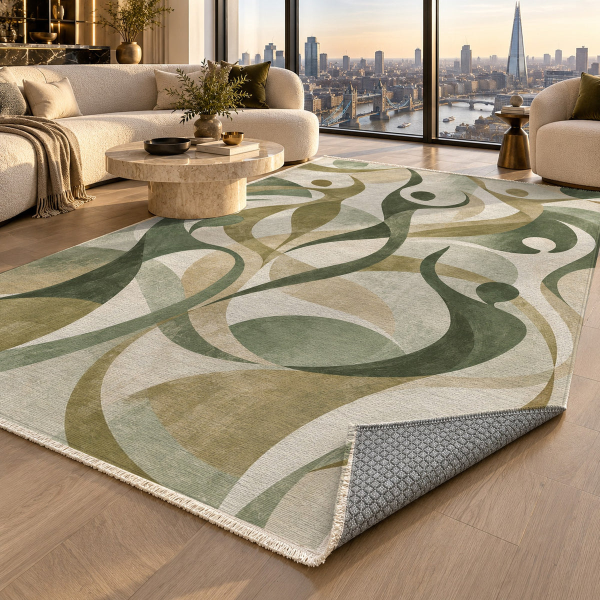 Dancing Lines Sage Abstract Washable Rug — london luxury living