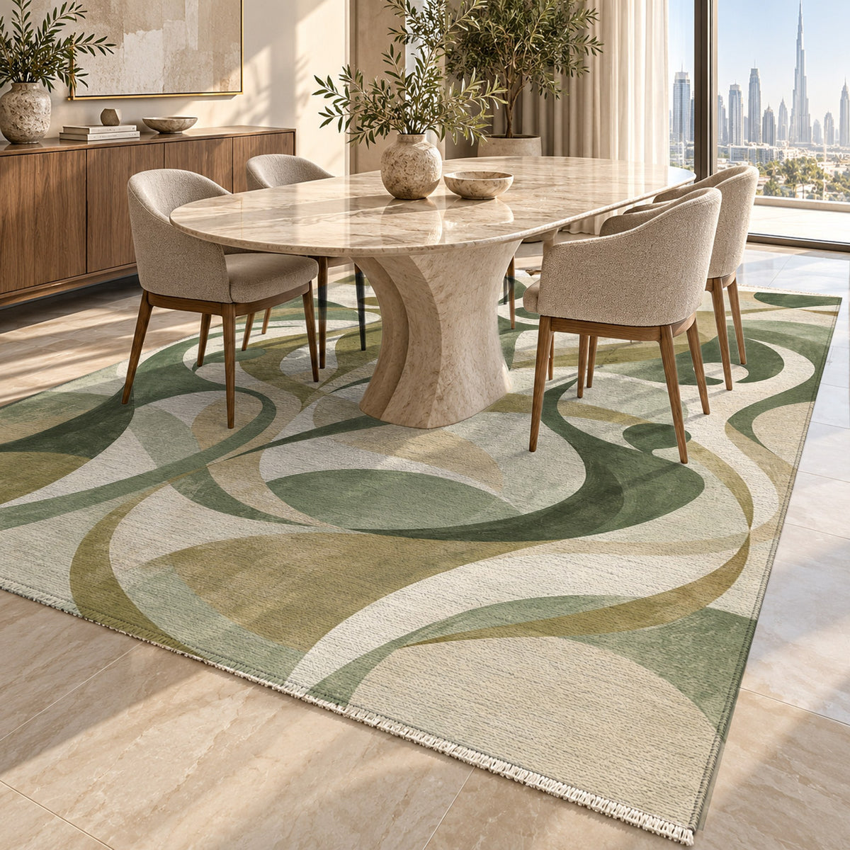 Dancing Lines Sage Abstract Washable Rug — dubai dining