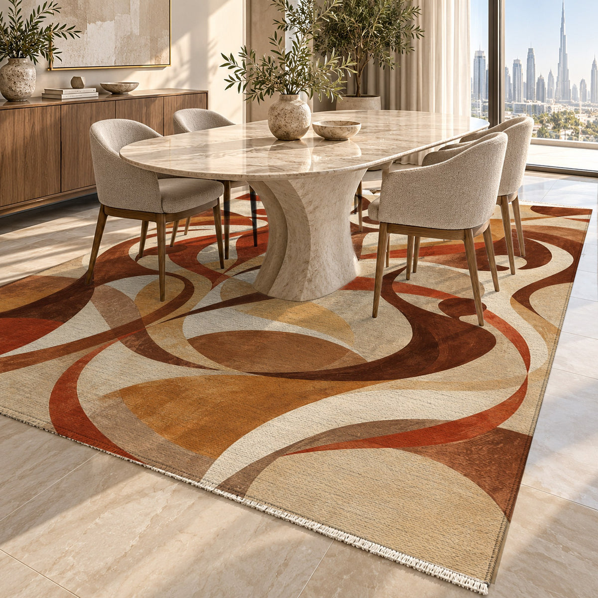 Dancing Lines Terracotta Abstract Washable Rug — dubai dining