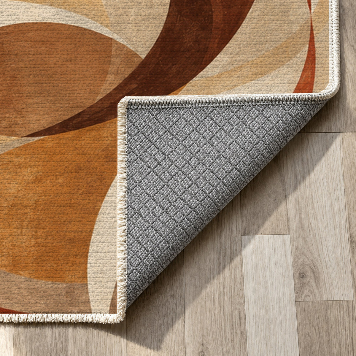 Dancing Lines Terracotta Abstract Washable Rug — backing close up