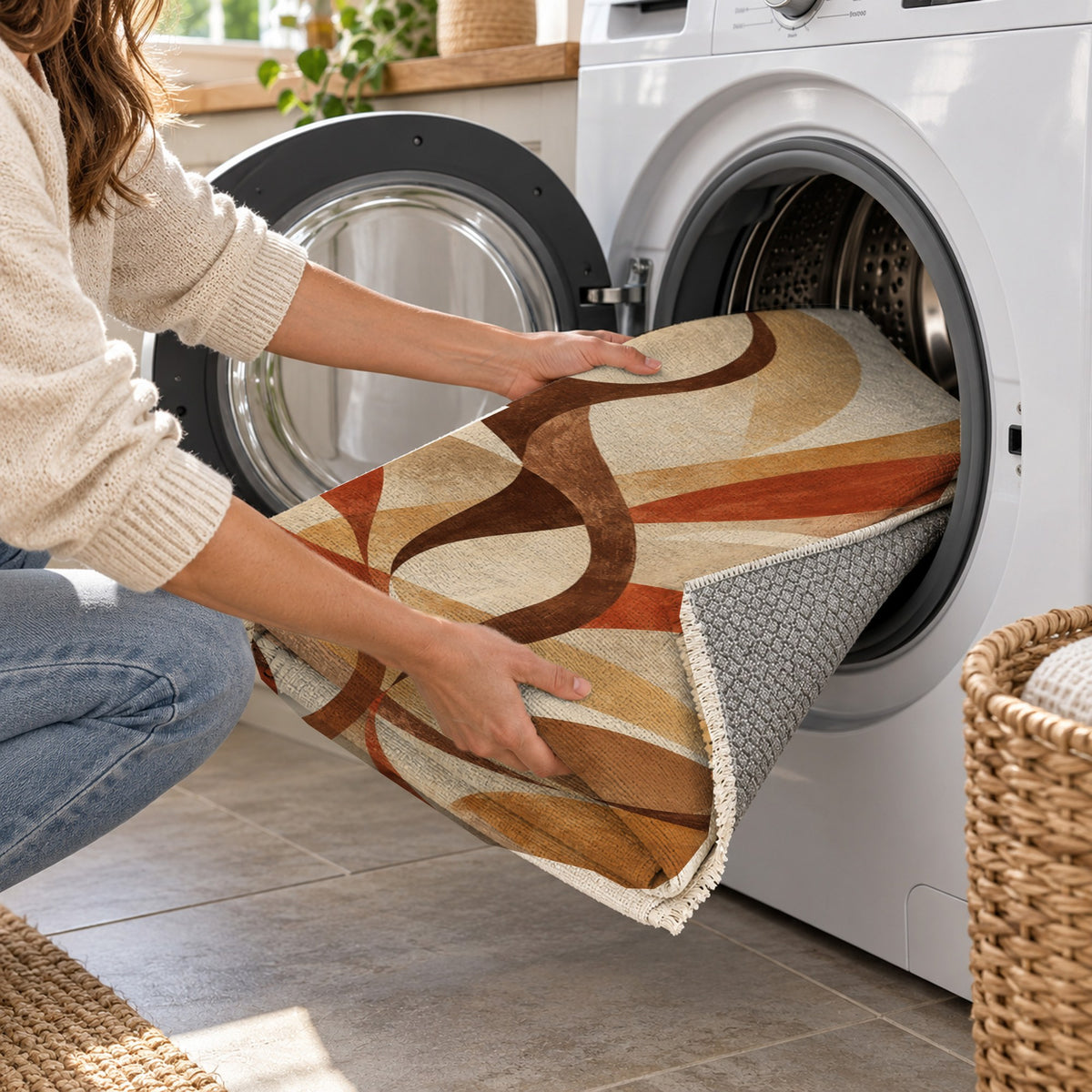 Dancing Lines Terracotta Abstract Washable Rug — washing machine