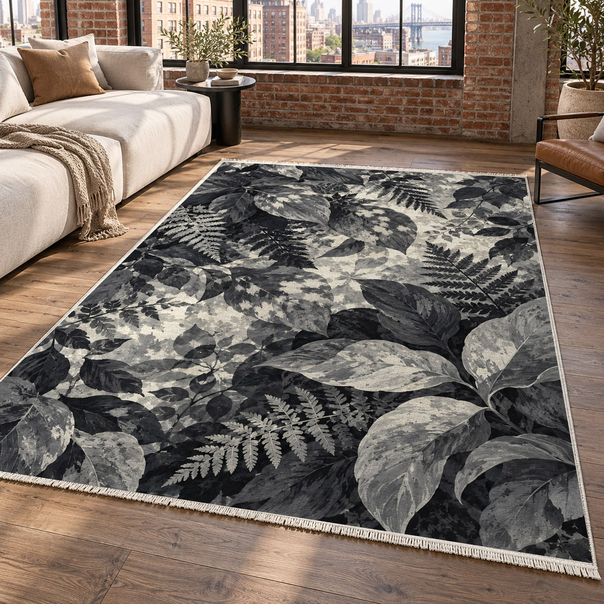 Dappled Canopy Charcoal Floral Washable Rug — new york living