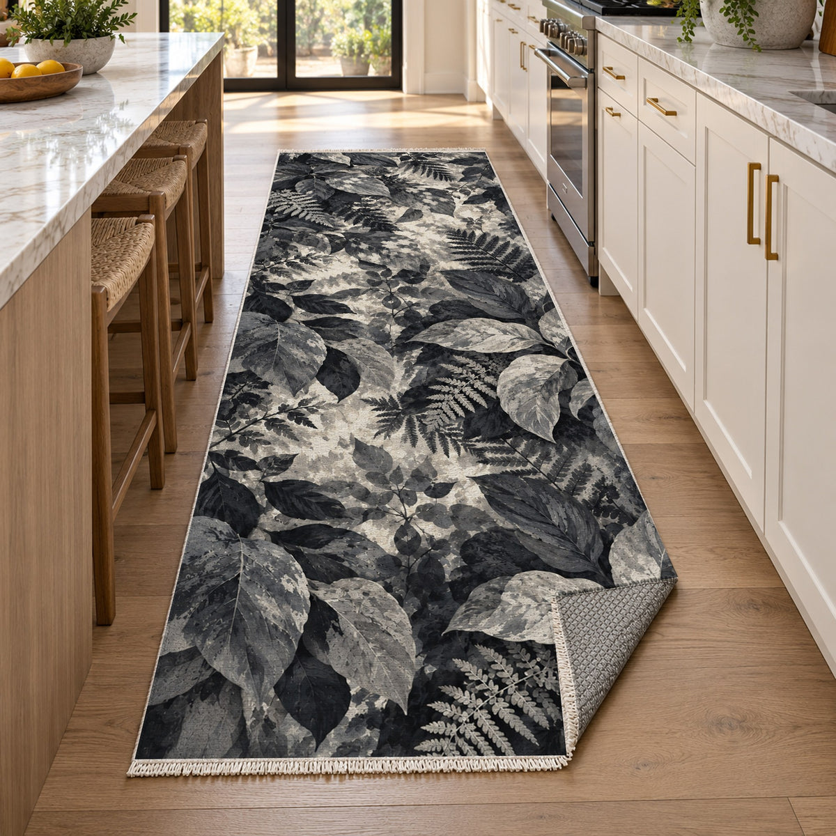Dappled Canopy Charcoal Floral Washable Rug — new york kitchen runner