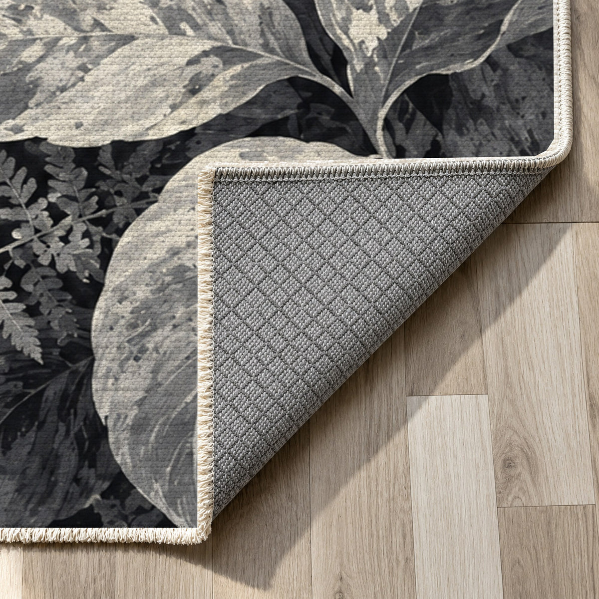 Dappled Canopy Charcoal Floral Washable Rug — backing close up