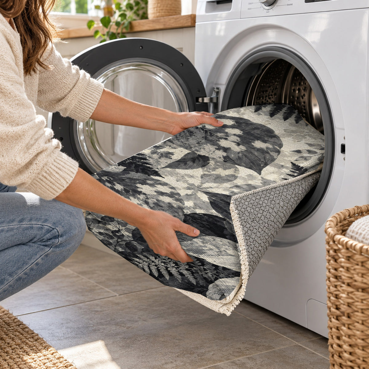 Dappled Canopy Charcoal Floral Washable Rug — washing machine