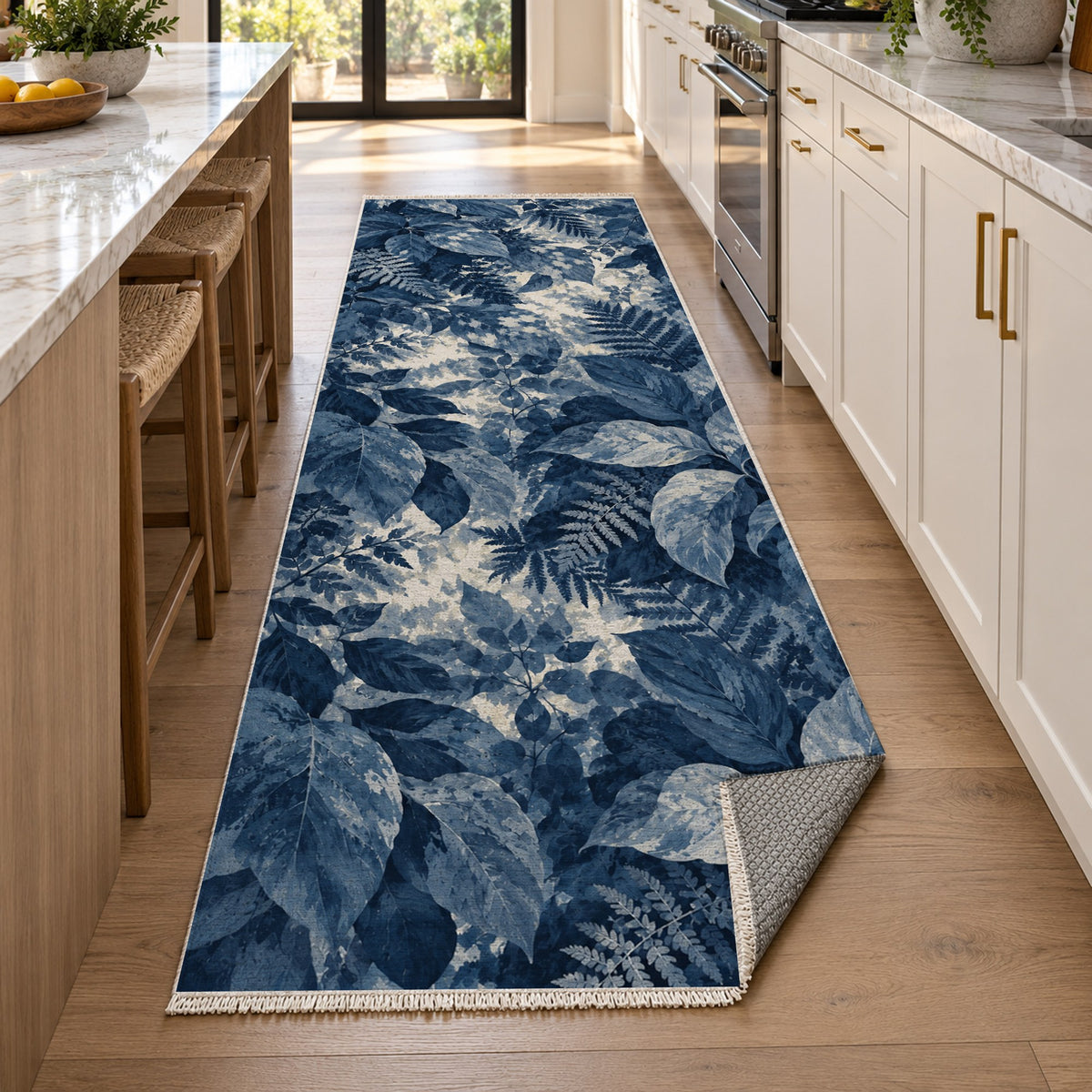 Dappled Canopy Indigo Floral Washable Rug — new york kitchen runner