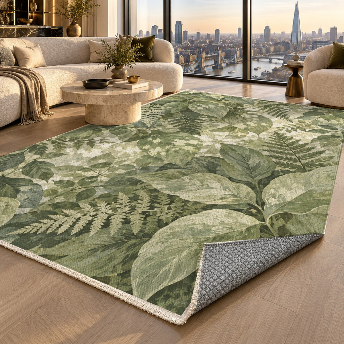 Dappled Canopy Sage Floral Washable Rug — london luxury living