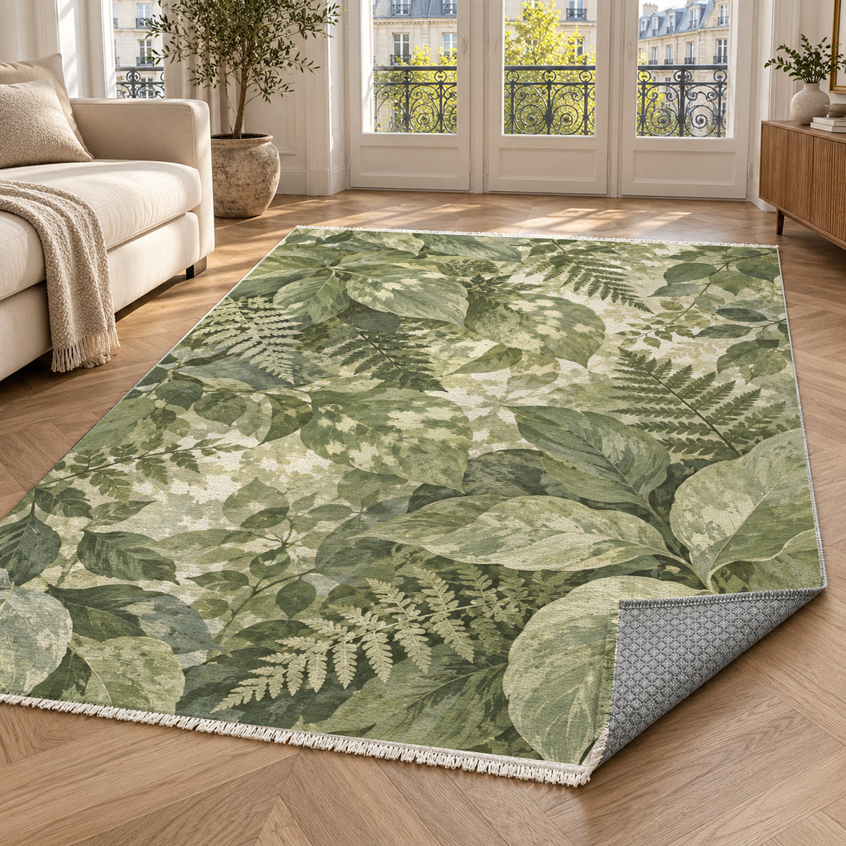 Dappled Canopy Sage Floral Washable Rug — paris living