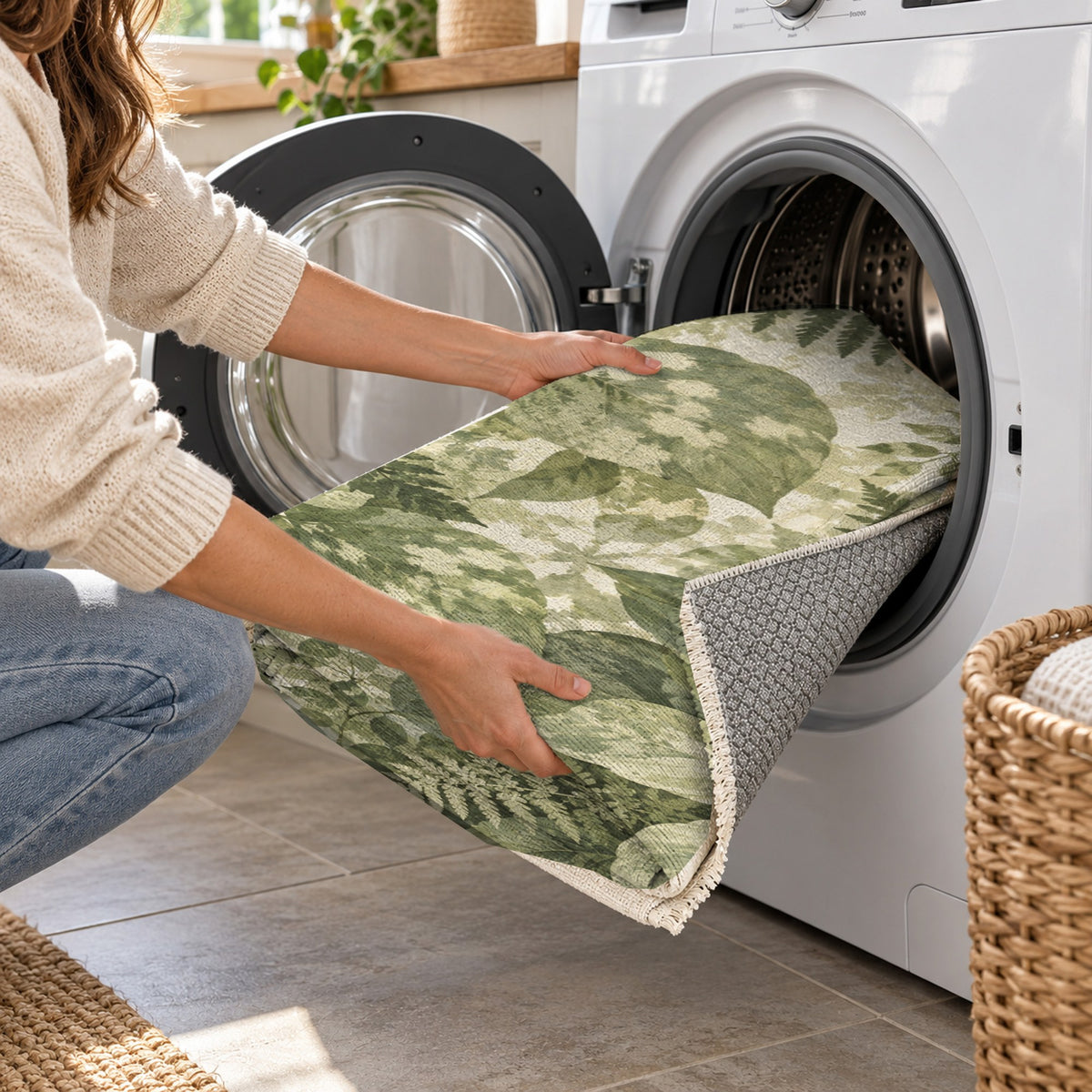 Dappled Canopy Sage Floral Washable Rug — washing machine
