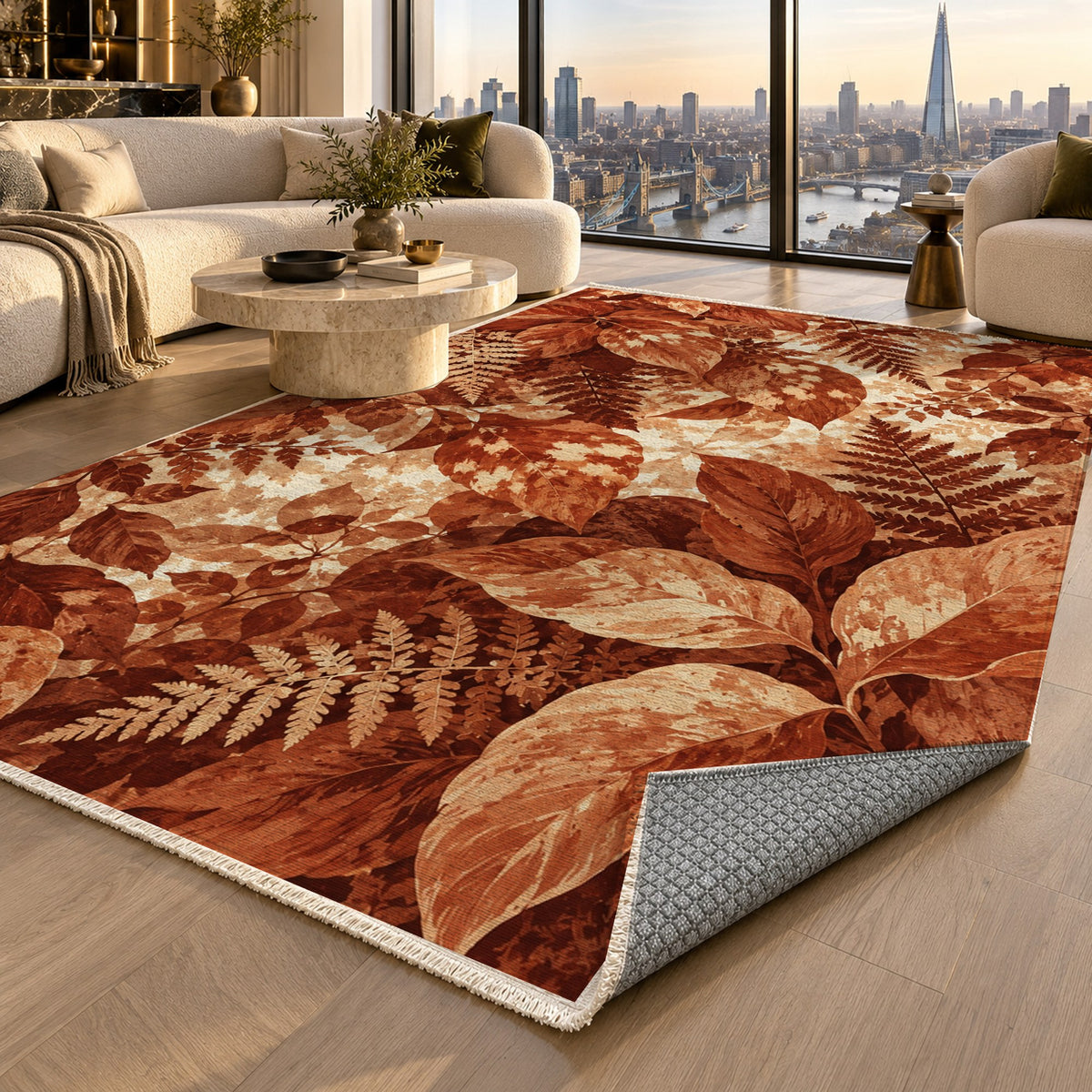 Dappled Canopy Terracotta Floral Washable Rug — london luxury living