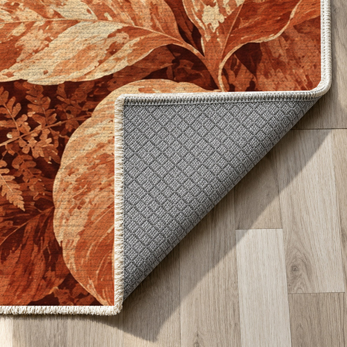 Dappled Canopy Terracotta Floral Washable Rug — backing close up
