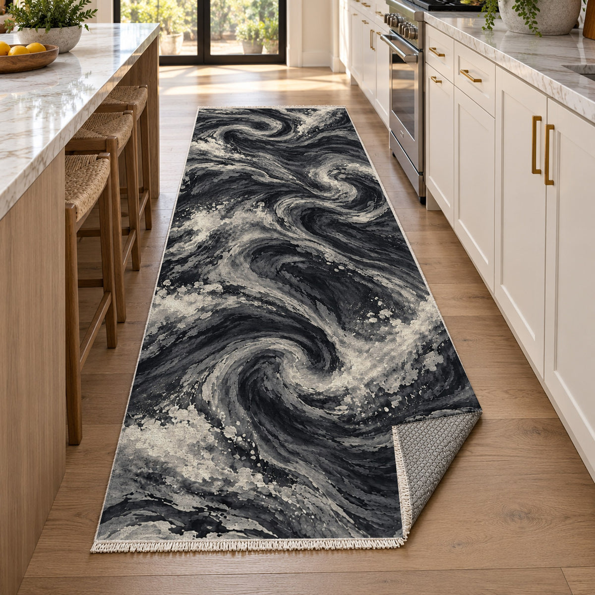 Deep Blue Charcoal Abstract Washable Rug — new york kitchen runner