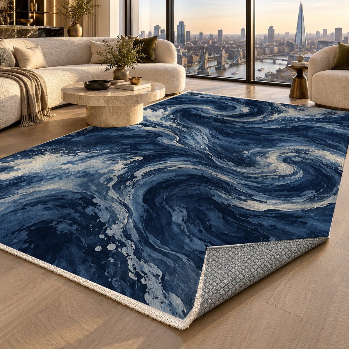 Deep Blue Indigo Abstract Washable Rug — london luxury living